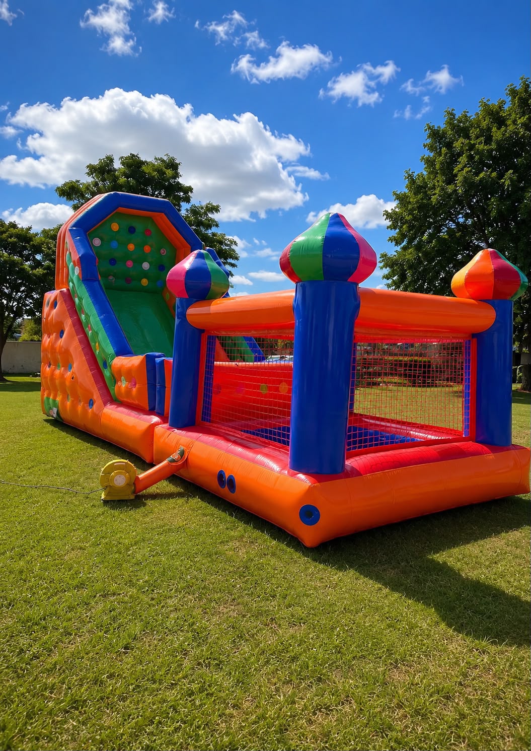 Brinquedo inflável combinado da Sorriso Kids, unindo área cercada de bolinhas e tobogã com escalada