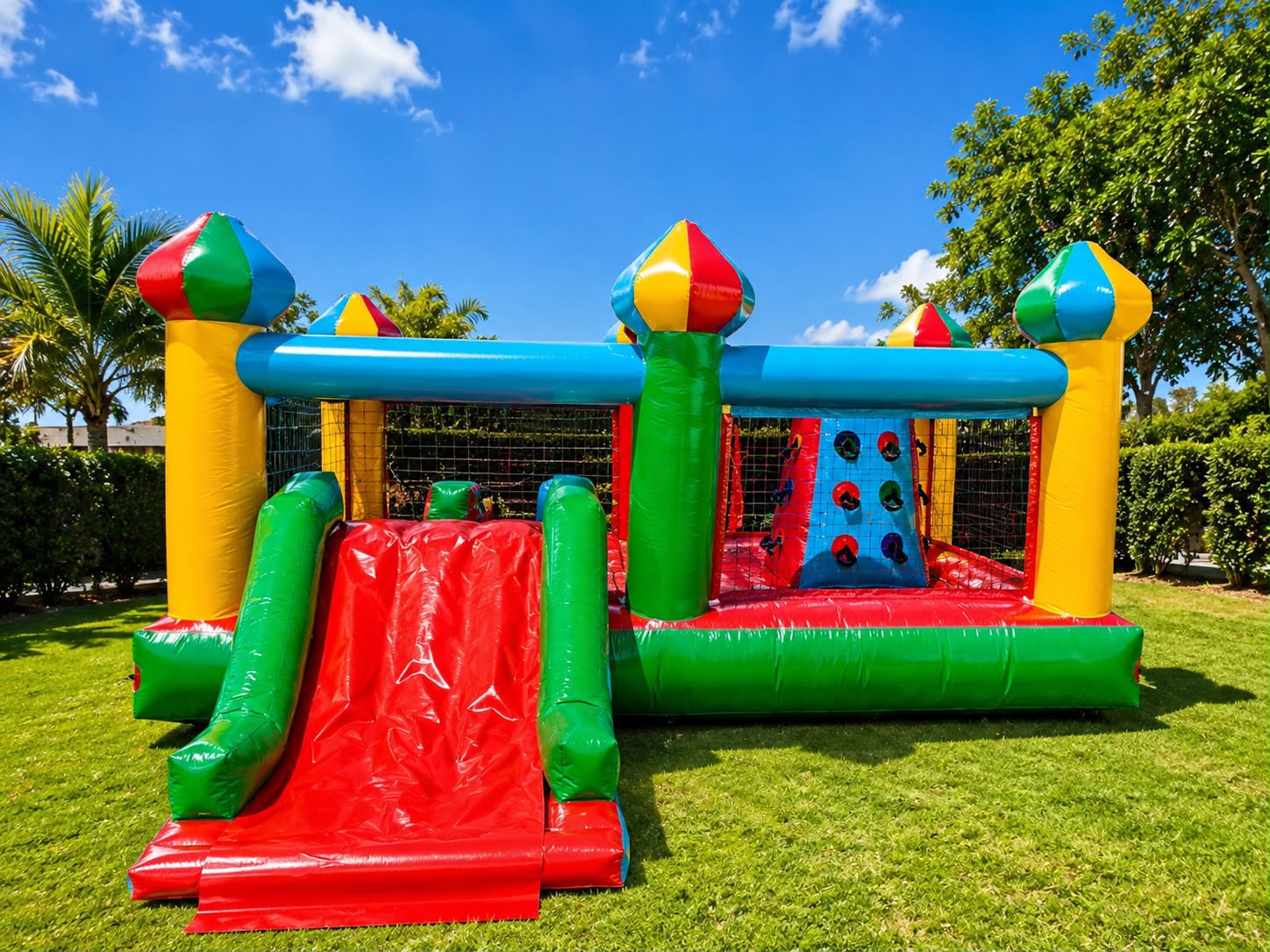 Kid Play inflável amplo e colorido com escorregador vermelho e parede de escalada, montado em área gramada